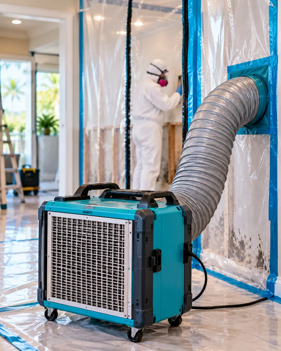 HEPA air scrubber and poly containment set up for mold remediation in Lake Harbor